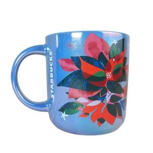 Starbucks 14 Oz Coffee Mug 2023 Christmas Iridescent Poinsettia Mug Blue EUC‎